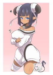 Rule 34 | 1girl, absurdres, bandaged horn, bare shoulders, black collar, black hair, blue eyes, blush, breasts, closed mouth, collar, commentary request, cow girl, cow horns, cow tail, cropped legs, curled horns, dark-skinned female, dark skin, dress, flying sweatdrops, highres, horns, idaten93, large breasts, long sleeves, off-shoulder dress, off shoulder, original, personification, pink background, pointy ears, short hair, sleeves past wrists, solo, squiggle, tail, two-tone background, white background, white dress