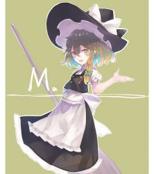 Rule 34 | 1girl, :d, apron, black hat, black skirt, black vest, blonde hair, blush, bow, braid, broom, buttons, character name, commentary, cowboy shot, green background, green bow, hair bow, hand up, hat, hat bow, highres, holding, holding broom, kirisame marisa, looking at viewer, o (crazyoton46), open hand, open mouth, puffy short sleeves, puffy sleeves, shirt, short hair, short sleeves, simple background, single braid, skirt, skirt set, smile, solo, standing, teeth, tongue, touhou, upper teeth only, vest, waist apron, waist bow, white apron, white bow, white shirt, witch hat, yellow eyes