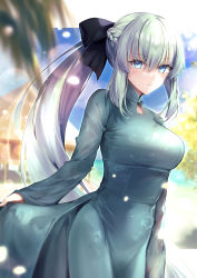 Rule 34 | 1girl, absurdres, arm at side, beach, black ribbon, blue eyes, blurry, braid, breasts, cowboy shot, day, depth of field, dutch angle, fate (series), frown, green hair, hair ribbon, hane yuki, highres, large breasts, light particles, long hair, long sleeves, looking at viewer, morgan le fay (fate), palm leaf, pants, ponytail, ribbon, side slit, sidelocks, skirt hold, solo, stilt house, very long hair, vietnamese dress
