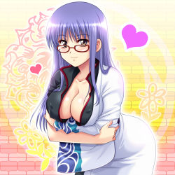 Rule 34 | 1girl, arms under breasts, bad id, bad pixiv id, bent over, blue hair, breast hold, breasts, brown eyes, cleavage, cosplay, covered erect nipples, crossed arms, gintama, glasses, heart, highres, large breasts, leaning forward, long hair, looking at viewer, minakei, minase kei, mole, sakata gintoki, sakata gintoki (cosplay), sarutobi ayame, solo