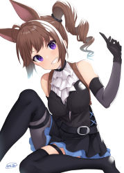 Rule 34 | 1girl, ahoge, animal ears, belt, belt buckle, binsen, black belt, black dress, black gloves, black thighhighs, blush, breasts, buckle, commentary request, detached sleeves, dress, drill hair, eyebrows hidden by hair, gloves, grey sleeves, grin, hand up, head tilt, highres, idolmaster, idolmaster million live!, idolmaster million live! theater days, index finger raised, kemonomimi mode, knee up, long sleeves, looking at viewer, medium breasts, no shoes, purple eyes, side drill, side ponytail, signature, simple background, sitting, smile, solo, thighhighs, v-shaped eyebrows, white background, yokoyama nao