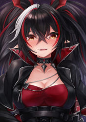 Rule 34 | 1girl, :d, absurdres, azur lane, black hair, black jacket, blush, breasts, brown eyes, cleavage, commentary, fangs, hair between eyes, head wings, high collar, highres, jacket, long hair, looking at viewer, medium breasts, multicolored hair, open mouth, pointy ears, red hair, red shirt, red wings, ryara, shirt, smile, solo, streaked hair, twintails, upper body, white hair, wings, z24 (azur lane)
