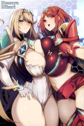 Rule 34 | 2girls, armor, asymmetrical docking, blonde hair, blush, breast press, breasts, center opening, character name, cleavage, dress, fingerless gloves, gloves, hair ornament, hand on own chest, highres, jewelry, kamaboko (ossann0125), large breasts, leotard, long hair, looking at viewer, midriff, multiple girls, mythra (xenoblade), navel, nintendo, open mouth, panties, pantyshot, pyra (xenoblade), red eyes, red hair, short hair, simple background, smile, swept bangs, symmetrical docking, underwear, vambraces, white background, xenoblade chronicles (series), xenoblade chronicles 2, yellow eyes