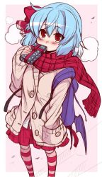 Rule 34 | 1girl, alternate costume, backpack, bag, bat wings, blue hair, blush, bow, box, colored pencil (medium), contemporary, covering own mouth, eichi yuu, gift, gift box, hair bow, hand in pocket, holding, holding gift, jacket, looking at viewer, nose blush, open clothes, open jacket, over-kneehighs, red bow, red eyes, red scarf, red skirt, remilia scarlet, scarf, shirt, short hair, skirt, solo, striped clothes, striped thighhighs, sweater, sweater jacket, thighhighs, touhou, traditional media, valentine, white shirt, wings