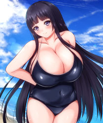 Rule 34 | 1girl, bare shoulders, black hair, blush, breasts, cleavage, highres, huge breasts, long hair, mariatoteresa, original, plump, purple eyes, smile, solo, swimsuit, thick thighs, thighs, very long hair