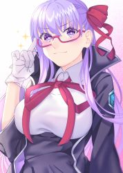 Rule 34 | 1girl, :3, adjusting eyewear, akapug621, bad id, bad pixiv id, bb (fate), bb (fate/extra), bespectacled, black jacket, blush, breasts, commentary request, fate/grand order, fate (series), glasses, gloves, hair ribbon, huge breasts, jacket, long hair, looking at viewer, purple eyes, purple hair, red-framed eyewear, red ribbon, ribbon, semi-rimless eyewear, solo, sparkle, under-rim eyewear, white gloves