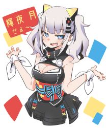 Rule 34 | 1girl, animal ears, arms up, bare arms, bare shoulders, blue eyes, blush, breasts, cat ears, character name, cleavage, cleavage cutout, clothing cutout, hair ornament, hairclip, high collar, highres, kaguya luna, looking at viewer, medium breasts, obi, open mouth, raigou, sash, sharp teeth, silver hair, simple background, solo, speech bubble, teeth, text focus, the moon studio, twintails, upper body, virtual youtuber, x hair ornament