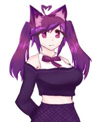Rule 34 | 1girl, ahoge, animal ear fluff, animal ears, bare shoulders, bow, bowtie, breasts, cat ears, half body, heart, heart ahoge, heart hair, indie virtual youtuber, large breasts, maplejava, midriff, pink eyes, plaid, plaid skirt, purple hair, purple skirt, purple top, saralene, skirt, solo, twintails, virtual youtuber, white background