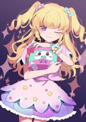 Rule 34 | 1girl, :&gt;, blonde hair, blue bow, blush, bow, bracelet, dress, hair bow, hair ornament, highres, holding, idol time pripara, jewelry, long hair, looking at viewer, nojima minami, non-humanoid robot, one eye closed, open mouth, pretty series, pripara, purple background, purple bow, purple dress, purple eyes, red bow, robot, sidelocks, smile, solo, sparkle, star (symbol), star hair ornament, two side up, yumekawa yui
