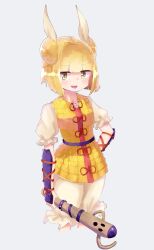 Rule 34 | 1girl, :d, blonde hair, blunt bangs, commentary, cropped legs, double bun, grey background, hair bun, hair ribbon, hand on own hip, haniwa (statue), highres, joutouguu mayumi, kalmia495, looking at viewer, open mouth, ribbon, short hair, simple background, smile, solo, touhou, vambraces, white ribbon, yellow eyes
