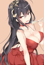 Rule 34 | 1girl, 7gao, ahoge, alcohol, azur lane, back, backless dress, backless outfit, bare shoulders, black hair, black thighhighs, blush, breasts, champagne, champagne flute, choker, cleavage, collarbone, cup, dress, drinking glass, garter straps, hair between eyes, hair ornament, highres, large breasts, long hair, looking at viewer, official alternate costume, parted lips, pouring, pouring onto self, red choker, red dress, red eyes, simple background, sitting, smile, solo, taihou (azur lane), taihou (forbidden feast) (azur lane), thighhighs, thighs, very long hair