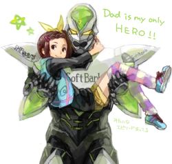Rule 34 | 10s, 1boy, 1girl, age difference, armor, bad drawr id, bad id, bow, braid, braided bangs, brown hair, carrying, costume, drawr, english text, father and daughter, hair bow, hair ornament, hairclip, hug, kaburagi kaede, kaburagi t. kotetsu, oekaki, power armor, power suit, princess carry, shoes, shorts, smile, sneakers, striped clothes, striped thighhighs, superhero costume, thighhighs, tiger &amp; bunny, vest, wild tiger, yapo (mess)