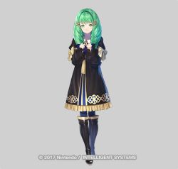 Rule 34 | 1girl, black dress, black footwear, blue pantyhose, boots, clenched hands, closed mouth, commentary request, copyright notice, dress, eyebrows hidden by hair, female focus, fire emblem, fire emblem: three houses, flayn (fire emblem), frilled dress, frills, full body, green eyes, green hair, grey background, hair ornament, knee boots, kousei horiguchi, long hair, long sleeves, looking at viewer, matching hair/eyes, nintendo, official art, pantyhose, puffy long sleeves, puffy sleeves, simple background, sleeves past wrists, smile, solo, standing, watermark
