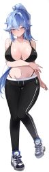 Rule 34 | 1girl, absurdres, bare arms, bare shoulders, black bra, black leggings, black pants, blue eyes, blue hair, blush, bra, breasts, character pria, cleavage, closed mouth, collarbone, commission, drawstring, earrings, full body, high ponytail, highleg, highres, jewelry, large breasts, leggings, long hair, looking at viewer, mindoll, navel, no shirt, nose blush, original, panties, pants, panty straps, ponytail, second-party source, shoes, sidelocks, simple background, skindentation, sneakers, solo, standing, stomach, string panties, sweat, thigh gap, underwear, very long hair, white background