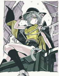 Rule 34 | 1girl, animal ears, arknights, black coat, black gloves, black hat, black shorts, black socks, breasts, cat ears, cat girl, cat tail, closed mouth, coat, coat on shoulders, delphine (arknights), fingerless gloves, gloves, grey hair, hair over one eye, hand on headwear, hat, highres, kneehighs, medium breasts, nobita (makoto7060355), outdoors, peaked cap, shirt, shoes, short hair, shorts, sitting, snow, socks, solo, tail, white footwear, yellow eyes, yellow shirt