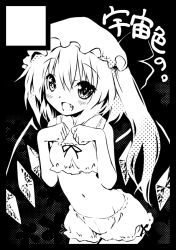 Rule 34 | 1girl, arched back, bad id, bad pixiv id, black border, bloomers, border, circle cut, crop top, fang, female focus, flandre scarlet, greyscale, hat, long hair, monochrome, navel, open mouth, paw pose, saeki touma, side ponytail, smile, solo, strapless, embodiment of scarlet devil, touhou, tube top, underwear, underwear only, wings