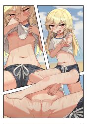 Rule 34 | 1girl, 3koma, barefoot, beach, black shorts, blonde hair, blush, breasts, cleft of venus, clothes lift, collarbone, comic, commentary, corrupted twitter file, feet, full body, girls&#039; frontline, hair between eyes, highres, legs, lemures, lifting own clothes, long hair, looking at viewer, looking down, midriff, midriff peek, mons pubis, multiple views, nagant revolver (girls&#039; frontline), navel, nipples, one eye closed, open mouth, outdoors, petite, pussy, red eyes, shirt, shirt lift, short shorts, short sleeves, shorts, shorts around one leg, small breasts, soles, spread legs, sweat, toes, w, white shirt