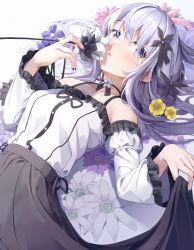 Rule 34 | 1girl, absurdres, bare shoulders, black flower, black skirt, blue eyes, clothes lift, collarbone, commentary, detached sleeves, english commentary, eyes visible through hair, flower, frilled sleeves, frills, grey hair, hair between eyes, highres, holding, holding flower, juliet sleeves, lifting own clothes, long hair, long sleeves, lying, nail polish, on back, original, pink flower, pleated skirt, puffy sleeves, purple flower, purple nails, red eyes, seero, shirt, simple background, skirt, skirt lift, solo, white background, white flower, white shirt, white sleeves, yellow flower