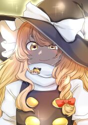Rule 34 | 1girl, black hat, black vest, blonde hair, blush, bow, braid, buttons, character pin, closed mouth, commentary request, flat chest, hair bow, hat, hat bow, highres, kirisame marisa, kurodani yamame, long hair, looking at viewer, red bow, rinyamame, shirt, single braid, smile, solo, sparkle, touhou, turtleneck, upper body, vest, white bow, white shirt, witch hat, yellow eyes