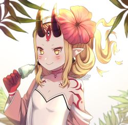 Rule 34 | 1girl, absurdres, arm tattoo, bad id, bad pixiv id, blonde hair, blurry, breasts, closed mouth, depth of field, dress, fate/grand order, fate (series), flower, food, gloves, hair between eyes, highres, horns, ibaraki douji (fate), ibaraki douji (swimsuit lancer) (second ascension) (fate), kumaartsu, looking at viewer, nails visible through gloves, neck tattoo, popsicle, red flower, red gloves, small breasts, smile, solo, tattoo, white dress