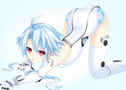 Rule 34 | 10s, 1girl, absurdres, ahoge, all fours, ass, backless outfit, bare shoulders, blanc (neptunia), blue hair, blush, boots, breasts, elbow gloves, gloves, hair between eyes, halterneck, highres, leotard, looking at viewer, neptune (series), open mouth, power symbol, power symbol-shaped pupils, ramu-on@ shinon, red eyes, shiny clothes, shiny skin, short hair with long locks, sideboob, sidelocks, small breasts, solo, symbol-shaped pupils, thigh boots, thighhighs, top-down bottom-up, white gloves, white heart (neptunia), white thighhighs