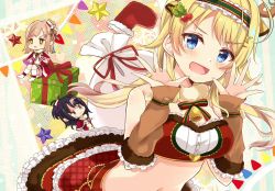 Rule 34 | + +, 3girls, :d, :o, ahoge, amidada, arm warmers, bare shoulders, bell, black hair, blonde hair, blue eyes, blush, box, breasts, brown eyes, brown hair, capelet, cherry hair ornament, chibi, christmas, christmas stocking, closed mouth, commentary request, crop top, flying sweatdrops, food-themed hair ornament, frilled hairband, frilled skirt, frills, fur collar, fur trim, furrowed brow, gift, gift box, hachimiya meguru, hair ornament, hairband, hairclip, hands up, hat, hat ribbon, head tilt, heart, idolmaster, idolmaster shiny colors, kazano hiori, kneehighs, knees up, leaning forward, long hair, looking at viewer, low twintails, medium breasts, midriff, mini hat, miniskirt, mole, mole under mouth, multiple girls, navel, neck ribbon, open mouth, ponytail, purple eyes, red capelet, red ribbon, red shirt, red skirt, ribbon, sack, sakuragi mano, shirt, short hair, sidelocks, sitting, skirt, sleeveless, sleeveless shirt, smile, socks, star (symbol), star hair ornament, stomach, striped ribbon, sweatdrop, tilted headwear, twintails, v-shaped eyebrows, wavy mouth, white legwear, wrist cuffs