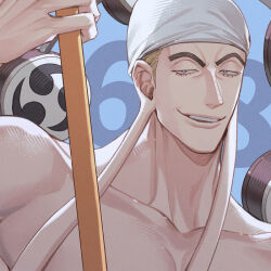 Rule 34 | 1boy, bandana, blonde hair, blue background, close-up, commentary request, drum, enel, eyelashes, holding, instrument, long earlobes, looking at viewer, male focus, numbered, one piece, smile, solo, topless male, upper body, white bandana, yoshicha