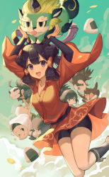 Rule 34 | 2boys, 4girls, :d, arms up, bike shorts, black hair, black shorts, blush, cloud, cloudy sky, commentary request, day, green sky, hair rings, highres, holding, hood, hood up, japanese clothes, kimono, komainu, layered sleeves, long sleeves, looking at viewer, midair, mo xiaoxue, multiple boys, multiple girls, open mouth, outdoors, purple eyes, red kimono, sakuna-hime, short over long sleeves, short shorts, short sleeves, shorts, sky, smile, teeth, tensui no sakuna-hime, thick eyebrows, upper teeth only, wide sleeves