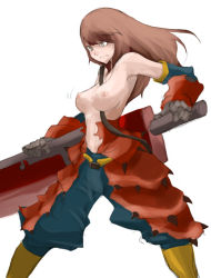 Rule 34 | 1girl, breasts, brown eyes, brown hair, capcom, huge weapon, large breasts, long hair, monster hunter (series), nipples, solo, tansuke, topless, torn clothes, weapon