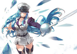 10s akame_ga_kill! blue_eyes blue_hair breasts chaun cleavage esdeath hat long_hair military military_uniform solo sword weapon