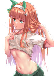 Rule 34 | 1girl, absurdres, blue eyes, blush, commentary request, gym uniform, hair ornament, heavy breathing, highres, horse girl, illng, long hair, looking to the side, open mouth, orange hair, shirt, silence suzuka (umamusume), simple background, solo, sweat, umamusume, white background