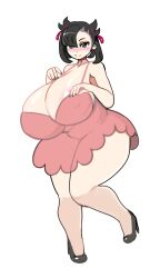 Rule 34 | 1girl, black hair, blue eyes, blush, breasts, cleavage, creatures (company), curvy, desgardes, full body, game freak, gigantic breasts, high heels, highres, huge breasts, large areolae, marnie (pokemon), nintendo, plump, pokemon, pokemon swsh, self-upload, shoes, simple background, smile, solo, standing, thick thighs, thighs, wide hips