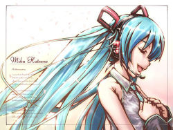 Rule 34 | 1girl, :d, aqua hair, blue eyes, blue hair, border, character name, closed eyes, collared shirt, detached sleeves, flat chest, floating hair, from side, glowing, gradient background, grey shirt, hair ornament, hands on own chest, hatsune miku, headphones, long hair, matching hair/eyes, music, necktie, open mouth, petals, profile, shirt, singing, smile, solo, twintails, upper body, vocaloid