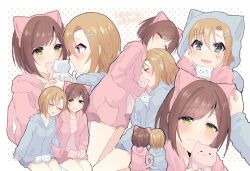 Rule 34 | 2girls, animal, animal ears, asterisk (idolmaster), bare legs, blue eyes, blue hoodie, blue shirt, blue shorts, blush, brown hair, cat, cat ears, cheek pinching, closed eyes, closed mouth, commentary, cuddling, english text, fake animal ears, fake tail, green eyes, hair between eyes, hair ornament, hairclip, holding, holding animal, hood, hood down, hooded jacket, hoodie, idolmaster, idolmaster cinderella girls, jacket, kiss, leaning, leaning on person, light smile, maekawa miku, multiple girls, multiple views, open clothes, open jacket, open mouth, parted bangs, pinching, pink jacket, pink shirt, pink shorts, polka dot, polka dot background, polka dot jacket, polka dot shorts, ryosesanzui, shirt, short hair, shorts, sidelocks, sitting, sleeping, smile, straight hair, swept bangs, tada riina, tail, tails touching, undershirt, yuri