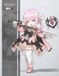 Rule 34 | 1girl, absurdres, ascot, black ribbon, boots, cape, english text, final fantasy, final fantasy xiv, flat chest, full body, highres, holding, holding weapon, jacket, lalafell, long bangs, multiple views, open mouth, pink cape, pink footwear, pink hair, pink jacket, pointy ears, puluie, rapier, red mage (final fantasy), ribbon, scrunchie, simple background, smile, sword, thighhighs, twintails, warrior of light (ff14), weapon, white ascot, white thighhighs, wrist scrunchie