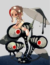Rule 34 | 1girl, agent 8 (splatoon), bodysuit, boots, brown eyes, brown hair, closed mouth, grey background, hashtag only commentary, highres, jelleton, li04r, limited palette, long hair, mushroom, nintendo, octoling, octoling girl, octoling player character, sitting, sleeveless, sleeveless bodysuit, solo, splatoon (series), splatoon 3, splatoon 3: side order, suction cups, swarming languendo, tagme, tentacle hair, white bodysuit