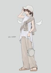 Rule 34 | 1girl, absurdres, angel wings, azumaya toushirou, bag, baseball cap, bracelet, braid, brown eyes, brown hair, detached wings, full body, grey background, hand on headwear, hand up, handbag, hat, highres, holding, holding bag, jewelry, looking to the side, mini wings, original, over shoulder, pants, parted lips, profile, sandals, shirt, simple background, sleeveless, sleeveless shirt, solo, standing, white hat, white shirt, wings