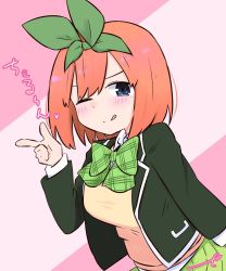 Rule 34 | 1girl, ;q, black jacket, blue eyes, blush, bow, breasts, closed mouth, collared shirt, commentary request, eyebrows hidden by hair, go-toubun no hanayome, green bow, green ribbon, green skirt, hair ribbon, hand up, highres, jacket, kujou karasuma, long sleeves, looking at viewer, medium breasts, multicolored hair, nakano yotsuba, one eye closed, open clothes, open jacket, pink background, pleated skirt, ribbon, shirt, signature, skirt, smile, solo, tongue, tongue out, translation request, two-tone hair, white shirt