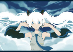 Rule 34 | 1girl, ahoge, alternate hair color, aqua eyes, arms up, bad id, bad pixiv id, cloud, female focus, floating hair, harano, hatsune miku, letterboxed, long hair, necktie, outdoors, sky, solo, twintails, very long hair, vocaloid, white hair