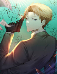 Rule 34 | 1boy, absurdres, ammunition, aqua background, bad gun anatomy, black gloves, blonde hair, closed mouth, collared shirt, commentary, crack, crosshair, dress shirt, english commentary, fhilippedu, finger on trigger, formal, from behind, gloves, grey eyes, grey suit, gun, handgun, highres, holding, holding gun, holding weapon, jacket, long sleeves, looking back, making-of available, male focus, motion blur, paper, serious, shirt, short hair, solo, spy x family, suit, suit jacket, tsurime, turning head, twilight (spy x family), upper body, weapon, white shirt