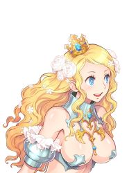 Rule 34 | 1girl, armor, blonde hair, blue eyes, breasts, bright pupils, code of princess, crown, flower, hair flower, hair ornament, highres, large breasts, long hair, official art, open mouth, simple background, solange blanchefleur de luxe, solo, teeth, upper teeth only, white background