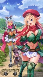 Rule 34 | 2girls, absurdres, alleyne (queen&#039;s blade), alleyne (queen&#039;s blade unlimited), armor, artist request, belt, beret, bikini armor, blonde hair, blue eyes, blue hair, blue sky, blush, boots, bouncing breasts, bow, braid, breasts, cat, cleavage, copyright name, covered erect nipples, dark-skinned female, dark skin, day, dress, elf, gloves, grey legwear, hair bow, hat, highres, irma (queen&#039;s blade), irma (queen&#039;s blade unlimited), long hair, medium breasts, multiple girls, navel, official art, open mouth, outdoors, pink eyes, pointy ears, queen&#039;s blade, queen&#039;s blade unlimited, queen&#039;s blade white triangle, running, scarf, short dress, short hair, side braid, skindentation, sky, stomach, sweat, tan, thigh boots, thighhighs, tree, very long hair