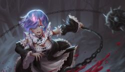 Rule 34 | 1girl, ball and chain (weapon), blood, blue eyes, blue hair, breasts, detached sleeves, fog, forest, frde, frills, grey background, hair ornament, hair over one eye, highres, horns, looking at viewer, maid, medium breasts, motion blur, nature, oni horns, open mouth, outdoors, re:zero kara hajimeru isekai seikatsu, rem (re:zero), ribbon, short hair, solo, standing, x hair ornament