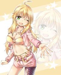 Rule 34 | 1girl, ;d, ahoge, blonde hair, breasts, cleavage, fishnet pantyhose, fishnets, gagaga, green eyes, hoshii miki, idolmaster, idolmaster (classic), large breasts, long hair, looking at viewer, navel, one eye closed, open mouth, pantyhose, pink diamond 765, shorts, single leg pantyhose, single thighhigh, smile, solo, thighhighs, zoom layer