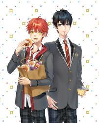 Rule 34 | 2boys, :d, bag, black hair, blazer, blue eyes, copyright request, doughnut, food, grey blazer, highres, jacket, male focus, mouth hold, multiple boys, necktie, nyan5000, open mouth, pants, plaid, plaid pants, pudding, red hair, red neckwear, school uniform, shopping bag, smile, standing, white background, yellow eyes