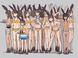 Rule 34 | 6+girls, absurdres, animal ears, bikini, black hair, body writing, brown hair, rabbit ears, cocktail glass, coffee pot, cola, copyright request, cup, drinking glass, drinking straw, fake animal ears, glasses, heart cutout, high heels, highres, holding, multiple girls, nail polish, shima (landsuzume), simple background, stretching, swimsuit, tray, wrist cuffs