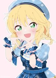 Rule 34 | 1girl, blonde hair, blue dress, blue hat, blush, bow, bowtie, checkered clothes, checkered dress, commentary, dot nose, dress, floral print, frilled wristband, frills, green eyes, hair between eyes, hands up, hat, heart, heart-shaped pupils, heart hands, highres, idolmaster, idolmaster cinderella girls, idolmaster cinderella girls starlight stage, looking at viewer, medium hair, official alternate costume, open mouth, pink background, pink nails, puffy short sleeves, puffy sleeves, rose print, s mashiro, sakurai momoka, short sleeves, sidelocks, smile, solo, striped bow, striped bowtie, striped clothes, symbol-shaped pupils, wavy hair