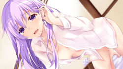 Rule 34 | 1girl, blue eyes, blush, breasts, hair between eyes, iwashi dorobou -r-, long hair, looking at viewer, medium breasts, nepgear, neptune (series), open clothes, paid reward available, pink hair, paid reward available, shirt, small breasts, smile, solo, very long hair, white shirt