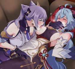 Rule 34 | 2girls, bare shoulders, blue hair, blush, breasts, cone hair bun, couch, covering another&#039;s mouth, fingering, fingering through clothes, ganyu (genshin impact), genshin impact, gloves, hair bun, horns, keqing (genshin impact), licking, licking nipple, long hair, medium breasts, multiple girls, negom, nipple stimulation, pantyhose, purple eyes, purple hair, sweat, through clothes, twintails, yuri