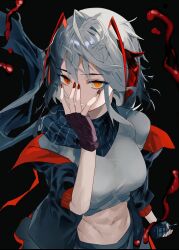 Rule 34 | 1girl, arknights, black background, black coat, black gloves, black scarf, blood, breasts, coat, covering face, detonator, fingerless gloves, fingernails, gloves, grey hair, grey shirt, grin, highres, holding, horns, large breasts, long fingernails, long hair, looking at viewer, midriff, multicolored hair, nail polish, navel, nimiru namire, open clothes, open coat, orange eyes, parted lips, red hair, red nails, scarf, shirt, simple background, smile, solo, two-tone hair, upper body, w (arknights)